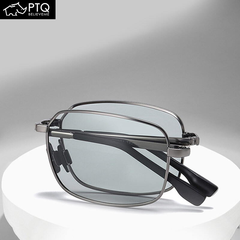 PTQ Folding Polarized Sun Glasses for Men Driving Alloy Square Frame Eye Glasses for Men Outdoor Photochromic Driving Shades Glasses