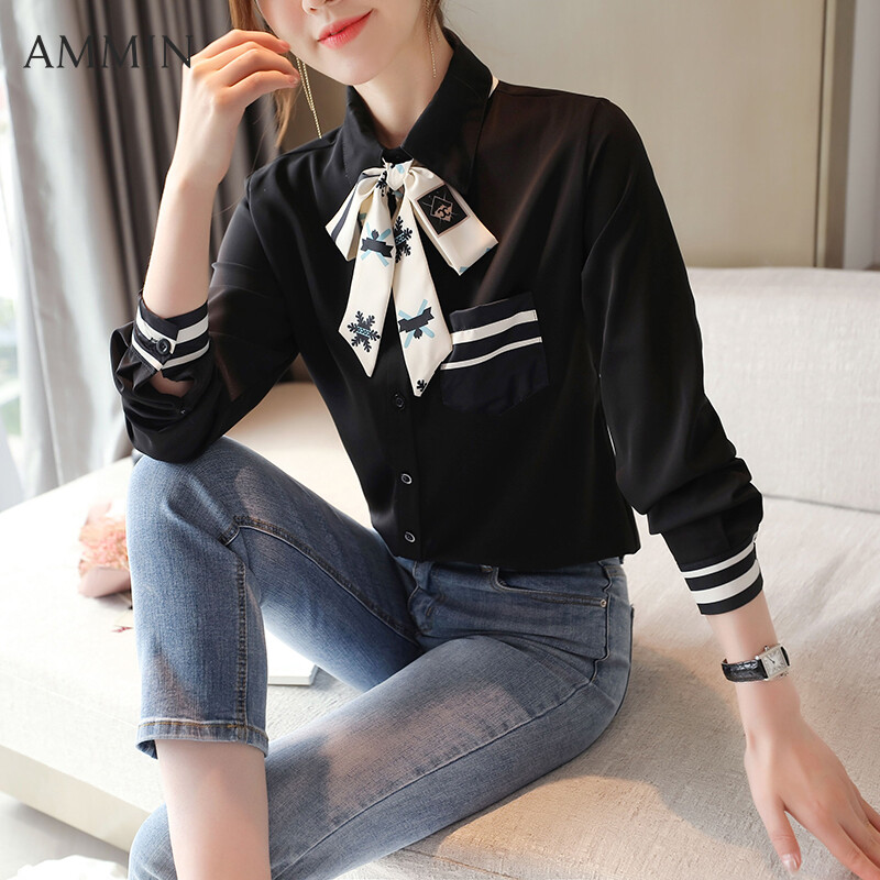 Áo Sơ Mi Nữ AMMIN, Chất Liệu Voan Màu Đen, Dáng Ôm, Mặc Thường Ngày, Thời Trang Công Sở Thắt Nơ
