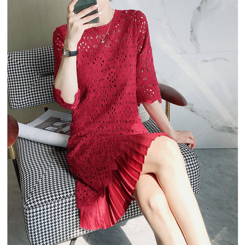 Váy ren cao cấp váy chữ a khoét lỗ dáng rộng cỡ lớn mới 2023 váy xếp ly váy cô dâu phù dâu màu đỏ