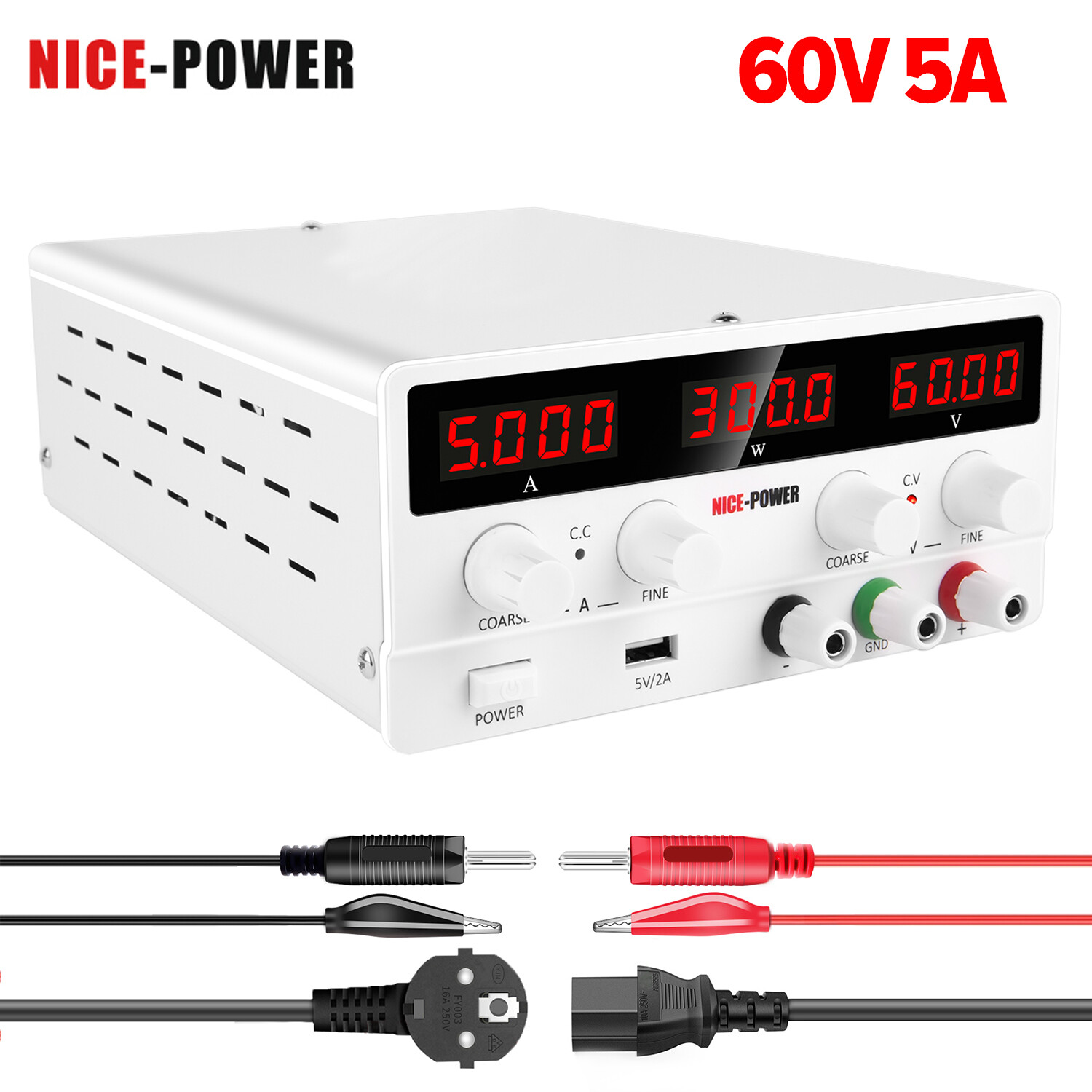 NICE-POWER Nguồn Điện Điều Chỉnh DC Cho Phòng Thí Nghiệm Nguồn Điện Kỹ Thuật Số 60V 5A Công Tắc Kỹ Thuật Số Bộ Điều Chỉnh Điện Áp Ổn Định Để Mạ Điện, Sửa Chữa Điện Thoại, Thử Nghiệm, SPS-H605 Sạc Màu Trắng