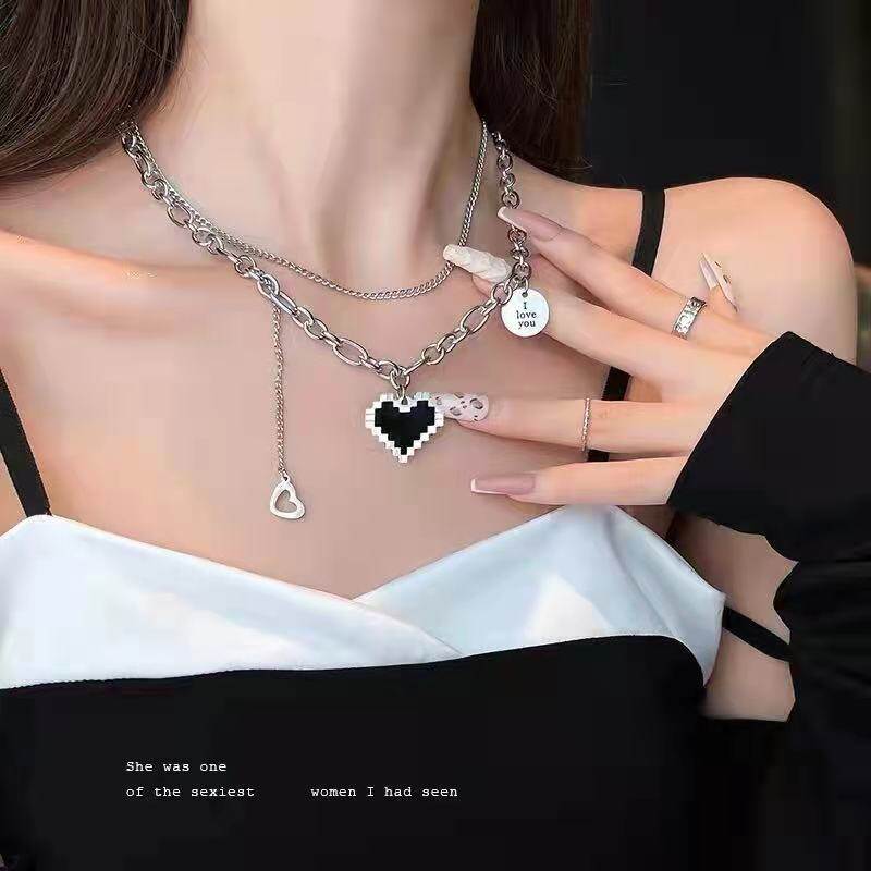 WHC Trang Sức Mặt Dây Chuyền Tua Rua Hình Trái Tim Khảm Màu Đen Cho Nữ Vòng Cổ Dây Chuyền Dày Hai Lớp Hip Hop