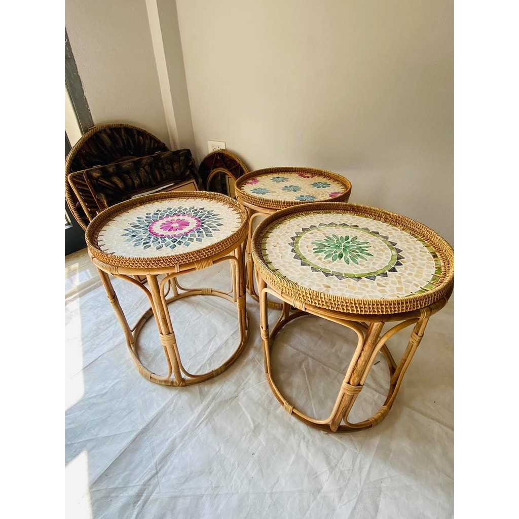 Bàn trà mây mặt khảm trai vintage