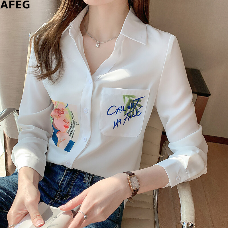 Áo Sơ Mi Nữ AFEG Dài Tay In Họa Tiết Phù Hợp Với Mọi Lứa Tuổi Phong Cách Hàn Quốc