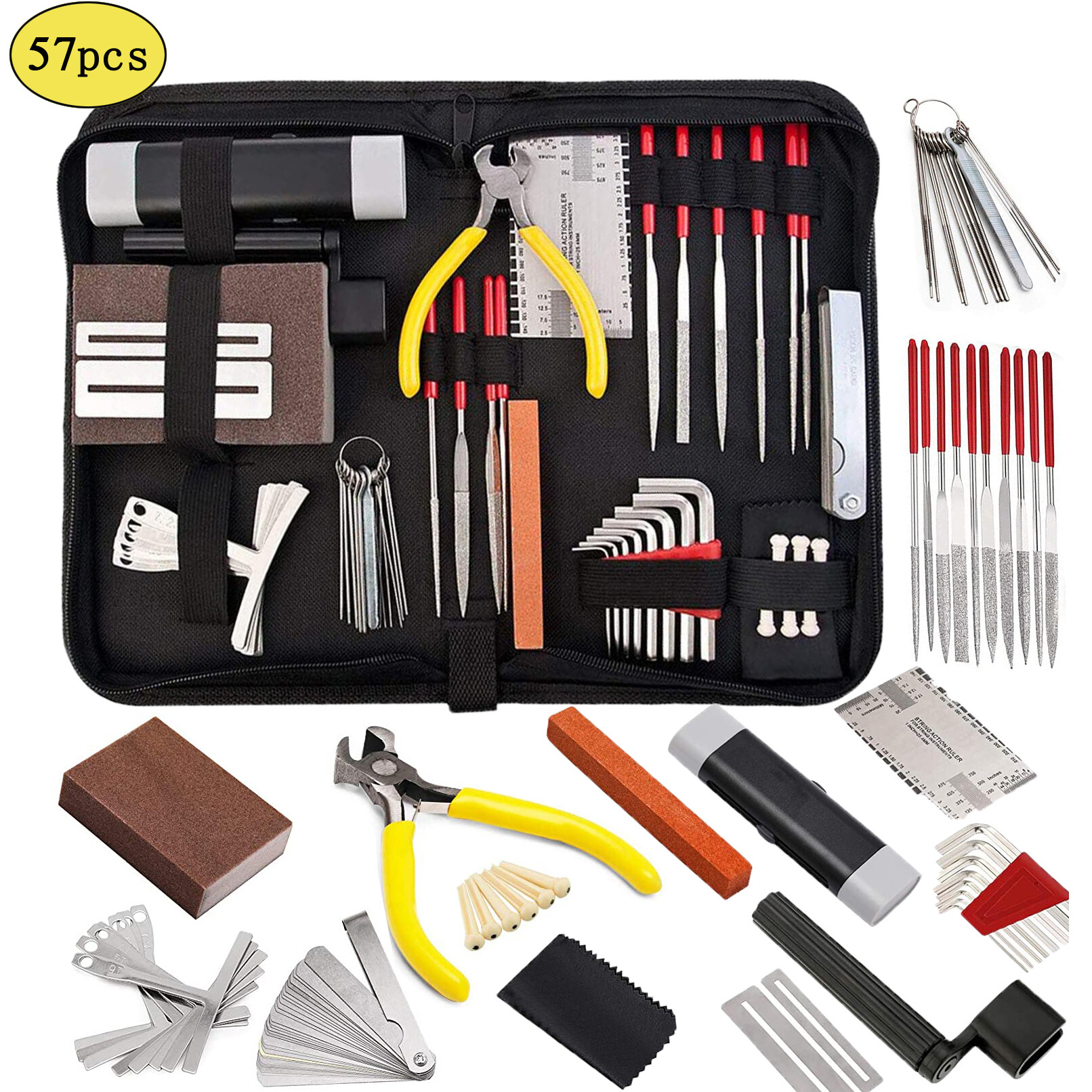 57 chiếc bộ dụng cụ đàn ghi ta kèm túi đựng, dụng cụ bảo trì sửa chữa thước dây hành động ghim đàn ghi ta cho đàn ghi ta ukulele bass banjo, phụ kiện nhạc cụ dây quà tặng người yêu âm nhạc lựa chọn
