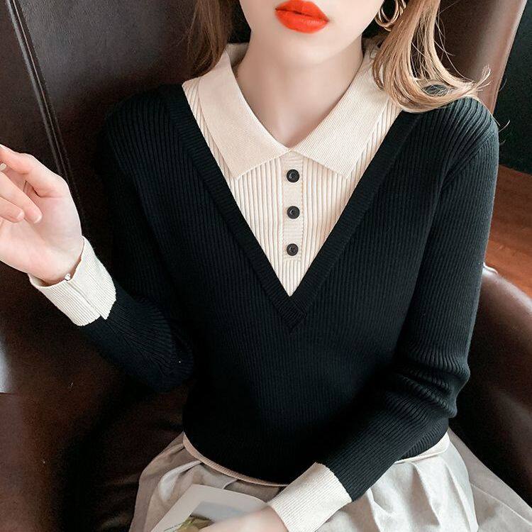 Áo Len Hai Mảnh Giả Cổ POIO Cho Nữ Áo Len Dài Tay Cho Nữ Áo Khoác Ngoài Phong Cách Nước Ngoài Đa Năng Mới Xuân Thu 2023