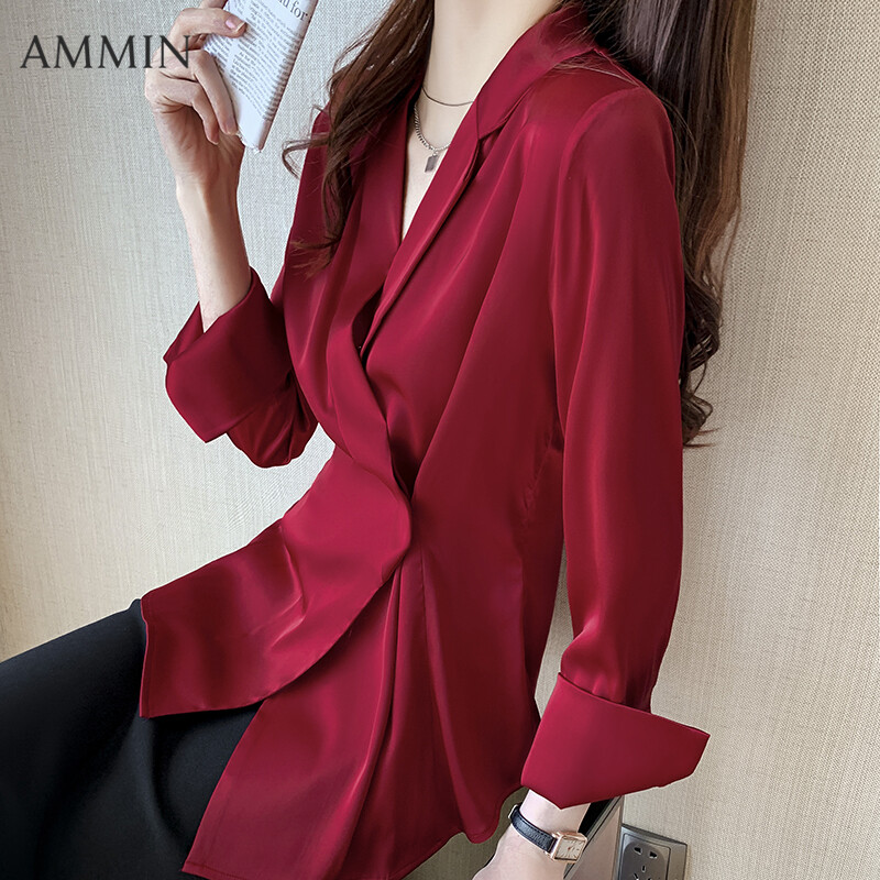 Áo Sơ Mi Vải Sa Tanh AMMIN Cho Nữ Áo Vest Có Cổ Phong Cách Hàn Quốc Cổ Chữ V Thiết Kế Theo Phong Cách Áo Voan Nhân Áo Tay Dài