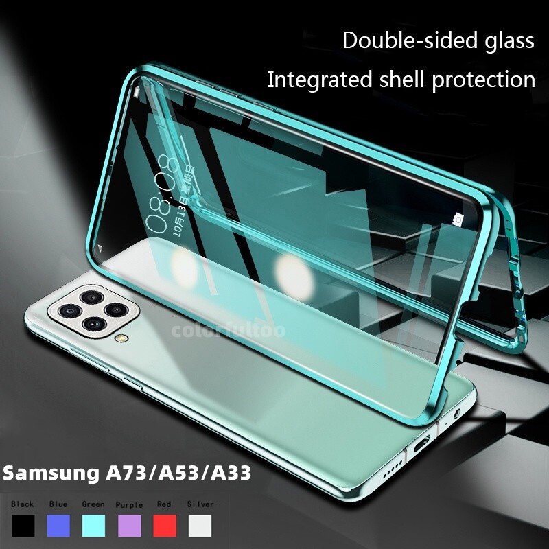 Hai mặt điện thoại có kính cường lực trường hợp đối với Samsung Galaxy s23fe A24 A54 A34 A14 A14 LTE A13 a135f A23 LTE A33 A53 A73 4G 5g 360 ° đầy đủ protetcion cứng trở lại bìa trong suốt lật Vỏ Ốp chống sốc