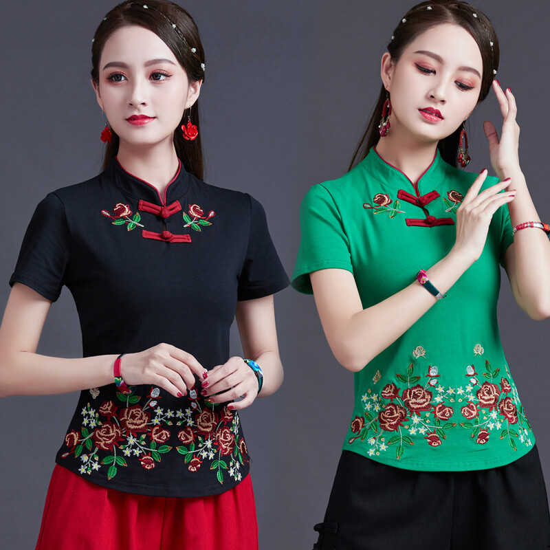 Cổ Áo Sườn Xám Gió Trung Quốc Phục Hồi Cách Cổ Xưa Thêu Khoe Áo Thun Tay Ngắn Mỏng Áo Mùa Hè Mặc Mới Áo Gió Thêu Quốc Gia