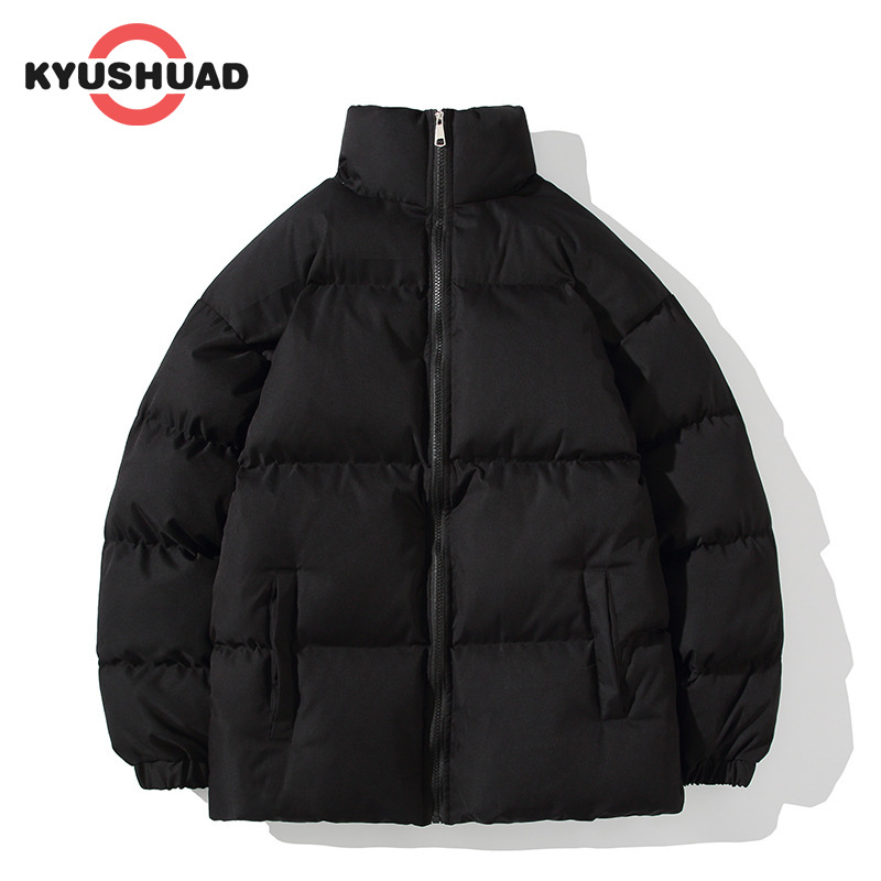 Kyushuad áo khoác cotton màu trơn dáng rộng cỡ lớn cho nam áo khoác cotton cổ đứng dày dặn quần áo cotton cho nam