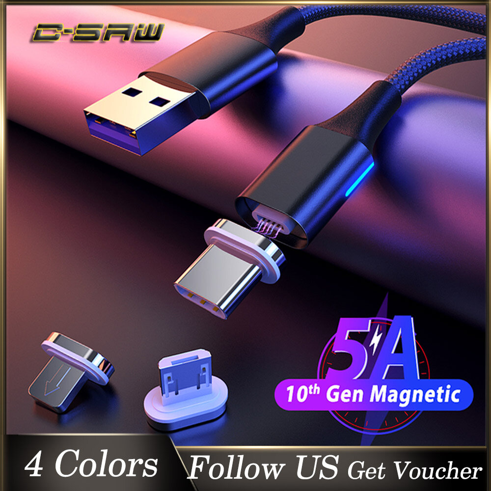 C-SAW 1M 5A USB Từ Cáp Dữ Liệu Sạc Nhanh Micro USB Loại C LED Sạc Nhanh Dây Cáp Truyền Dữ Liệu Cho Huawei P30 Samsung Galaxy M31 Note10