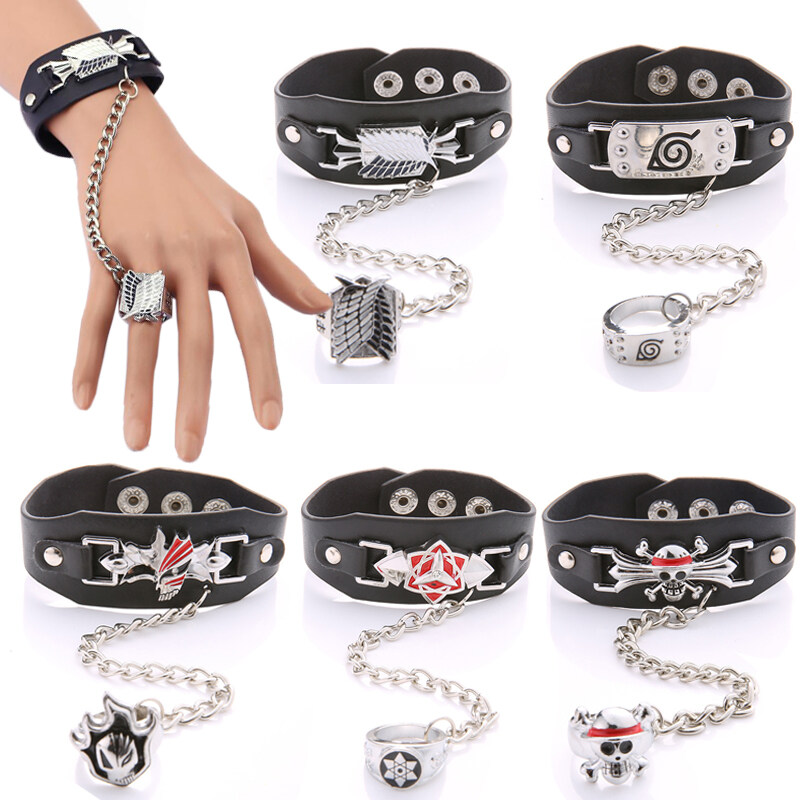 Japan Anime Attack On Titan Bracelet Ring Naruto Shippuden Konoha Leaf Village Leather Bracelet Men Punk Bracelets Link Cosplay Toys Accessories