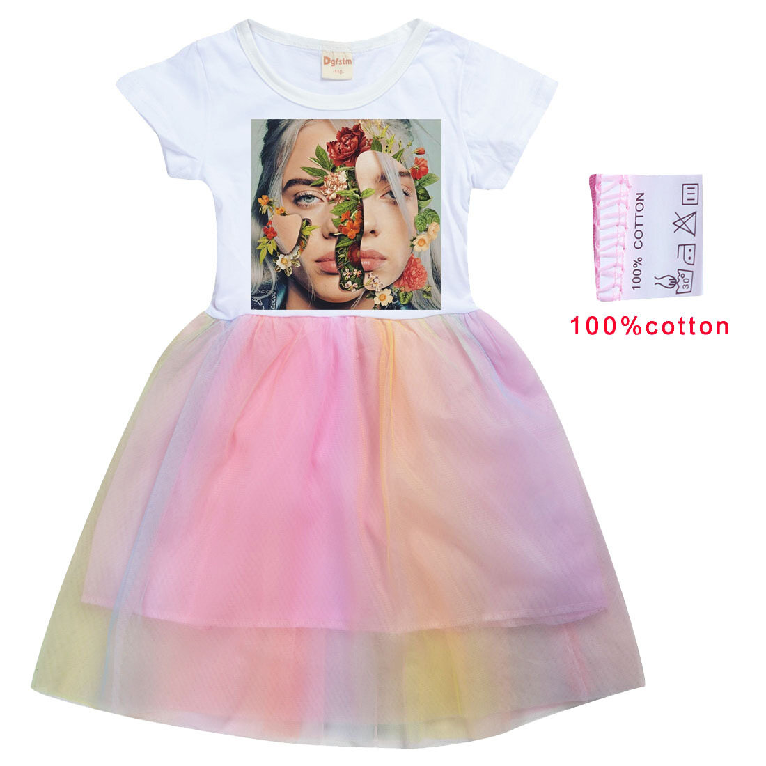 Billie Eilish Girls Rainbow Gauze Dress Girl Baby Casual Short Sleeve Mesh Dress 8268 Summer Color Print Princess Dress Cotton - 1