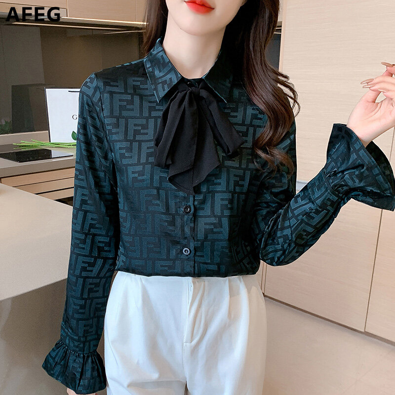 Afeg áo sơ mi thời trang vải voan thắt nơ dài tay phong cách mới, dành cho nữ