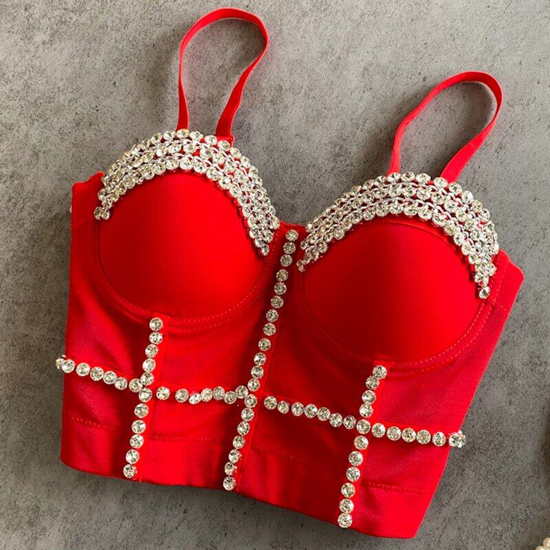 Claytonfg Corset Top Women's Push UP Retro Beads Diamonds Camisole Ins Push-Up Vest Evening Bandeau Bra Top Binder Sling Tank Top