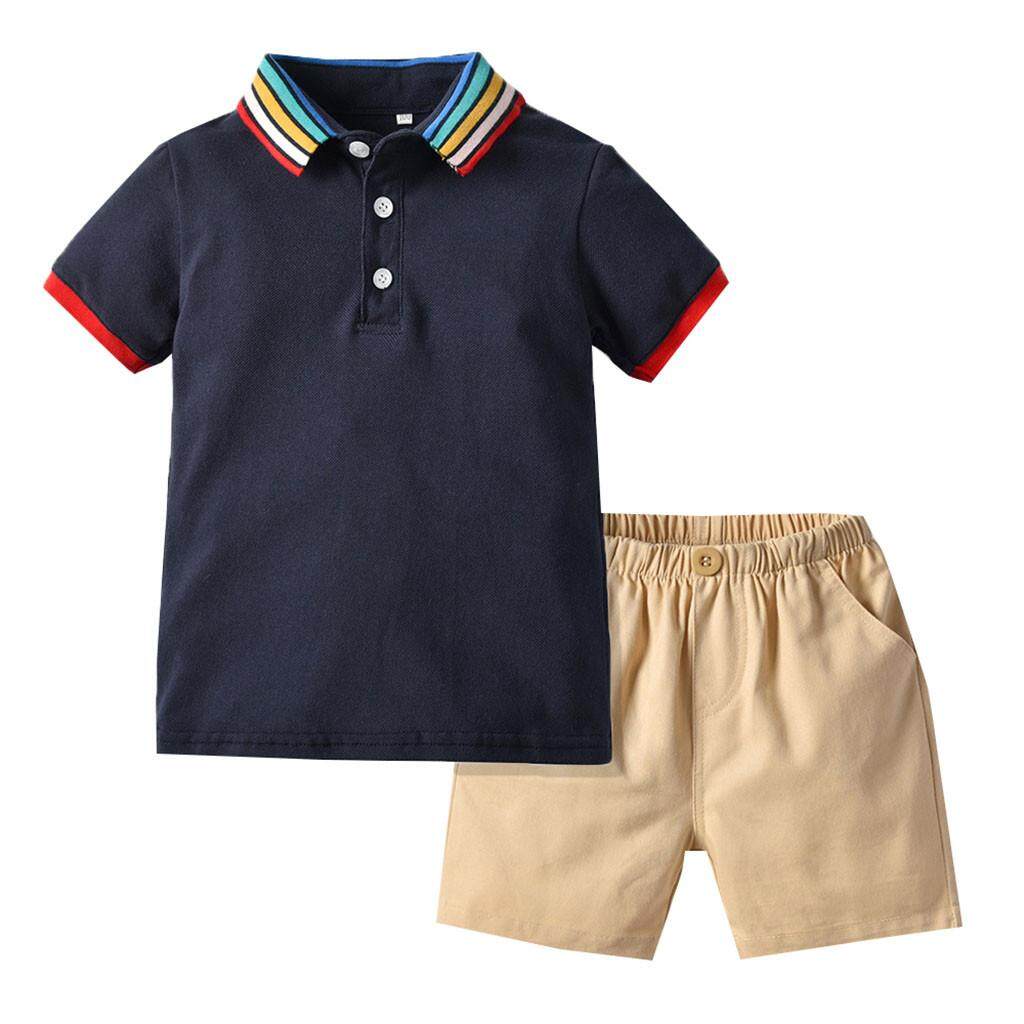 【 LA_AKOW MALL】Toddler สุภาพบุรุษเด็กทารกเสื้อยืดสีรุ้งเสื้อ + กางเกงขาสั้นเสื้อผ้าชุด