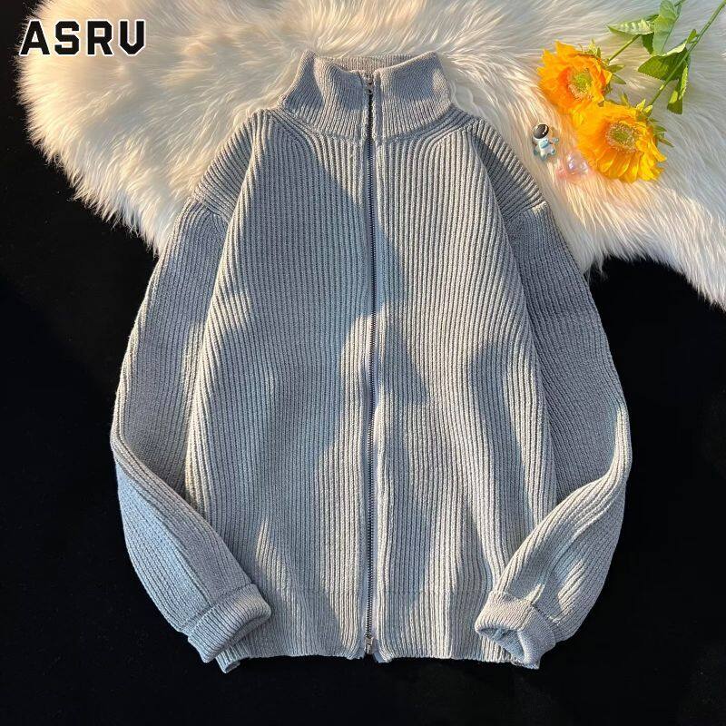 Asrv áo khoác mùa đông áo sweater áo len mùa đông áo len màu trơn cho nam khóa kéo áo khoác jacket dệt kim cổ đứng thường ngày tay áo dài áo len dệt