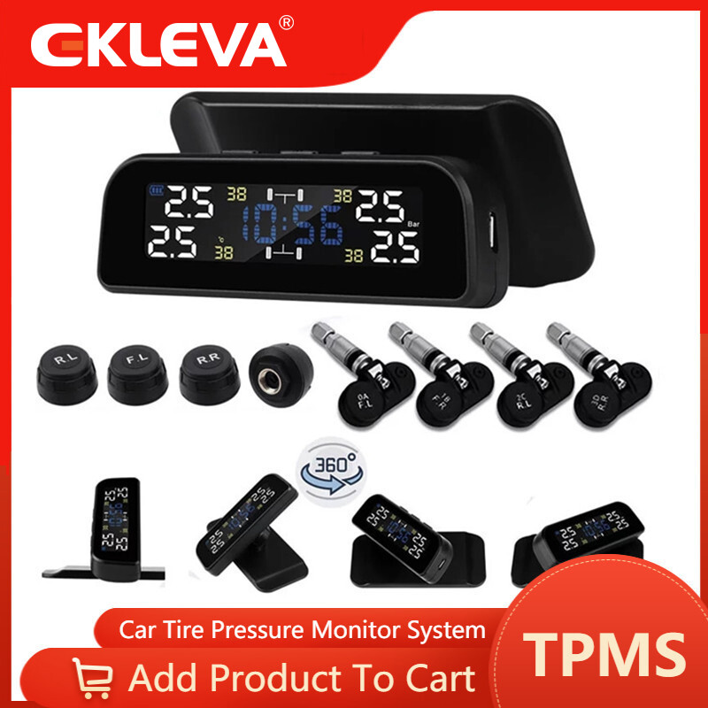 Màn hình LCD kỹ thuật số EKLEVA Hệ thống giám sát áp suất lốp TPMS Xe hơi thông minh Sạc năng lượng mặt trời với 4 cảm biến Hệ thống cảnh báo an ninh tự động