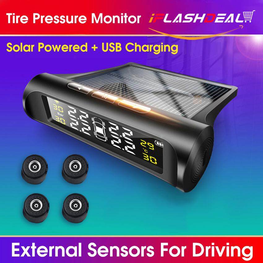 iFlashDeal Tire Pressure Monitoring System Car Tyre Pressure Alarm Solar Power Panel USB Charging TPMS Universal Wireless with 4 External Sensors Real-time LED Display Tire Pressure Temperature Detector for Ca