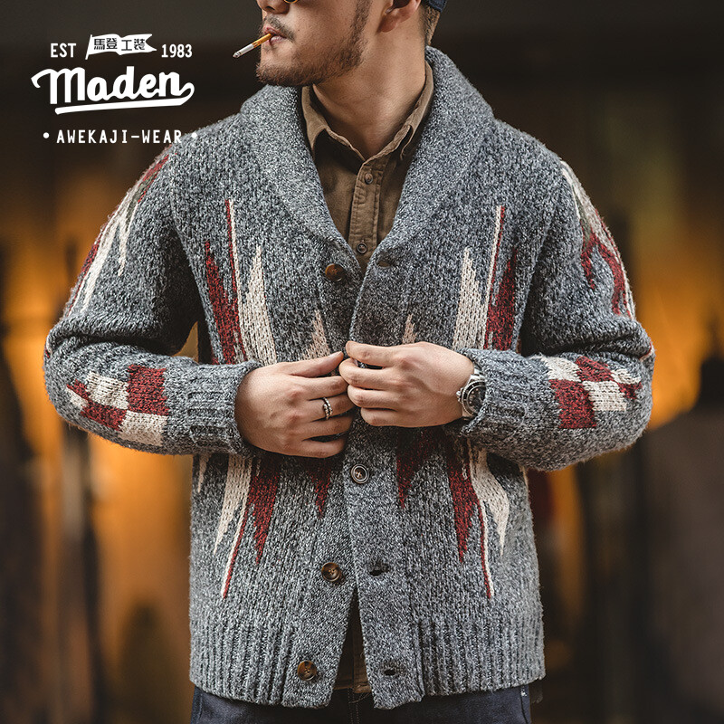 Maden Thương Hiệu Dụng Cụ Phong Cách 2024 nam mới mùa đông Mới Mỹ Retro Ấn Độ Navajo Cardigan Áo Len Áo Len Ve Áo Dày đồ mặc ngoài Người Đàn Ông áo khoác áo len
