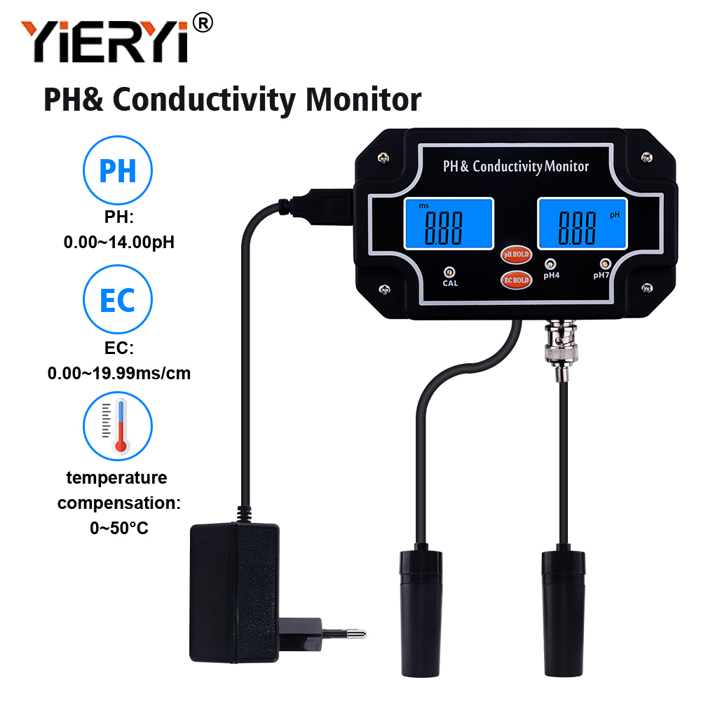 Yieryi máy đo độ ph kỹ thuật số, máy đo độ dẫn điện ec máy kiểm tra giám sát liên tục chất lượng nước theo thời gian thực cho bể cá