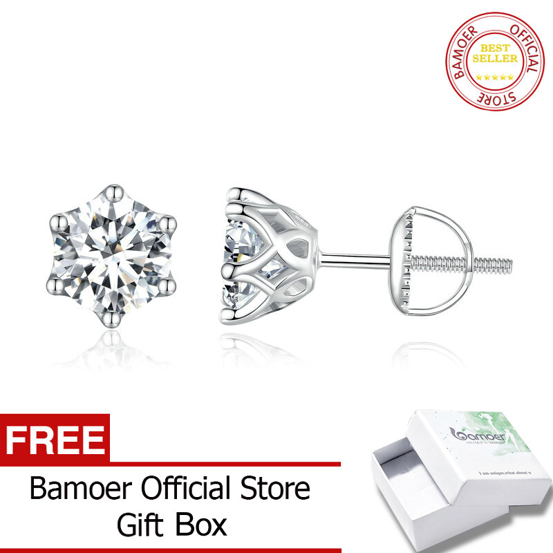 Bamoer 1CT D Màu Vvs1 Ex Moissanite S925 khuyên nụ cắt tròn rực rỡ mạ bạch kim Bông Tai Cho Phụ Nữ Mse004