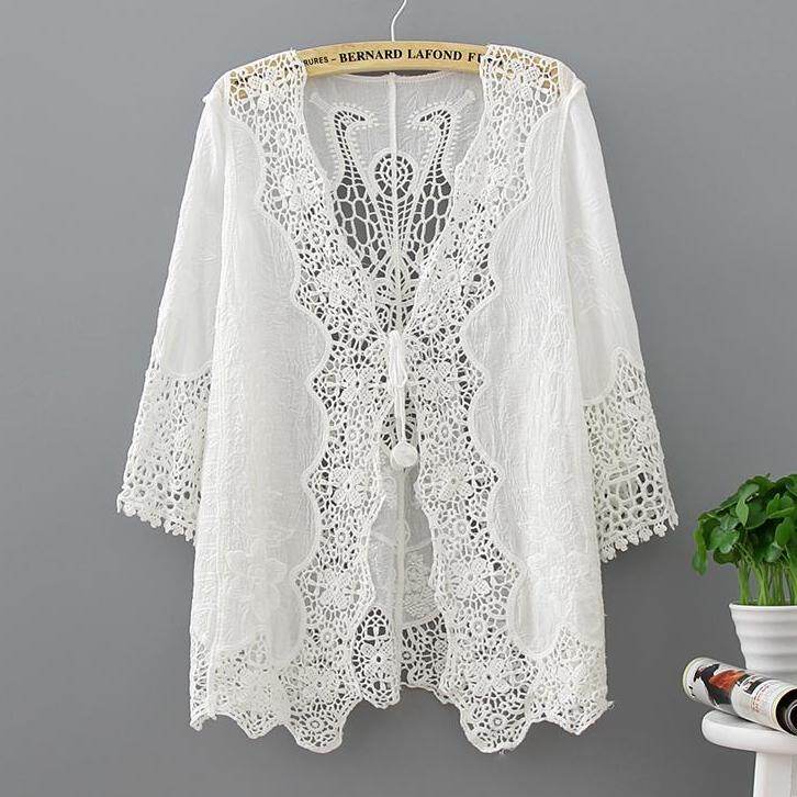 Áo Cardigan Kimono Nữ Tay Lửng Thời Trang Dáng Rộng Ren Trắng Khoét Lỗ