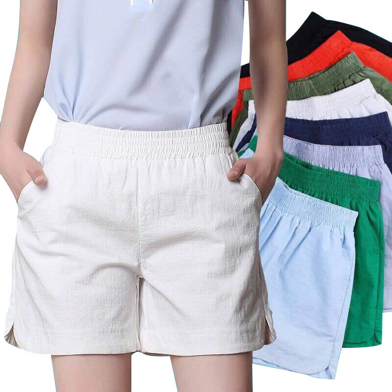 S-4XL Ngoại Cỡ Mùa Hè 2023 Quần Short Vải Lanh Cotton Cho Nữ Quần Đùi Ống Rộng Cạp Chun Màu Kẹo Ngọt