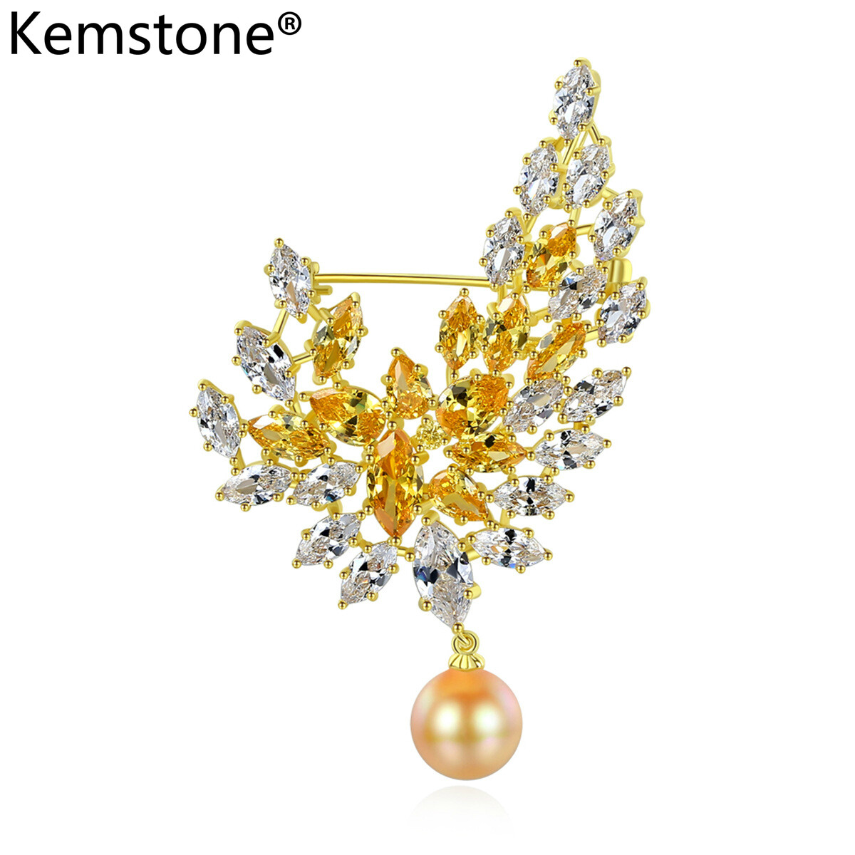 Kemstone ghim cài áo nữ pha lê mạ vàng ngọc trai hình lá quà tặng trang sức nữ