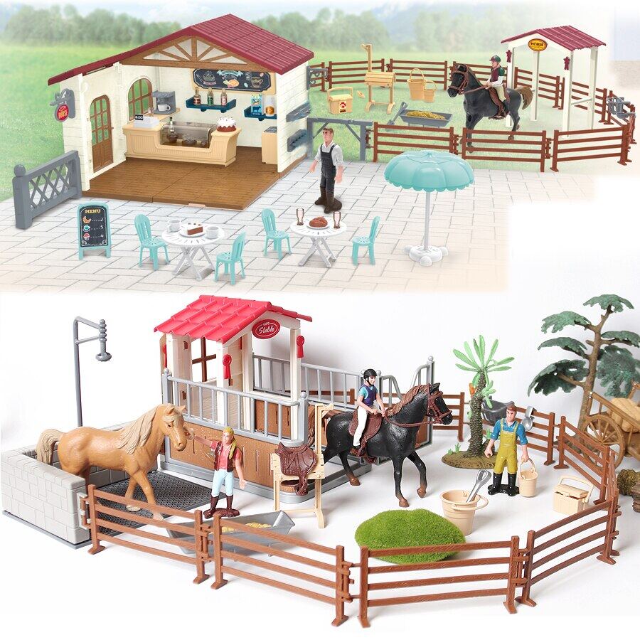 Simulation Horse Animals Farm Stable Rider,Horse Rider Cafe Playset With Horse Model And Accessories Educational Toy For Kids