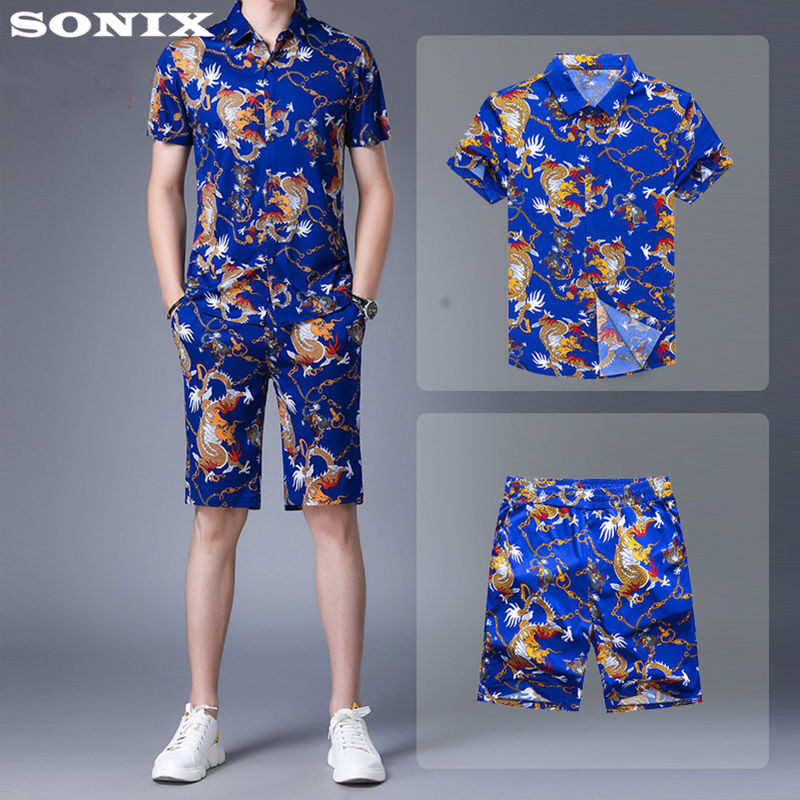 SONIXชุดสูทผู้ชายฤดูร้อน/แขนสั้น/กางเกงขาสั้นพิมพ์เสื้อหลวมขนาดใหญ่ชุดลำลองสำหรับบุรุษสองชิ้น