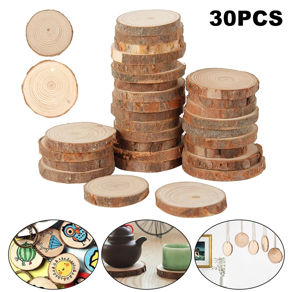 30 miếng gỗ lát tròn tự nhiên chưa hoàn thiện, với vỏ cây đĩa gỗ cho đồ thủ công tự làm trang trí tiệc cưới gia đình