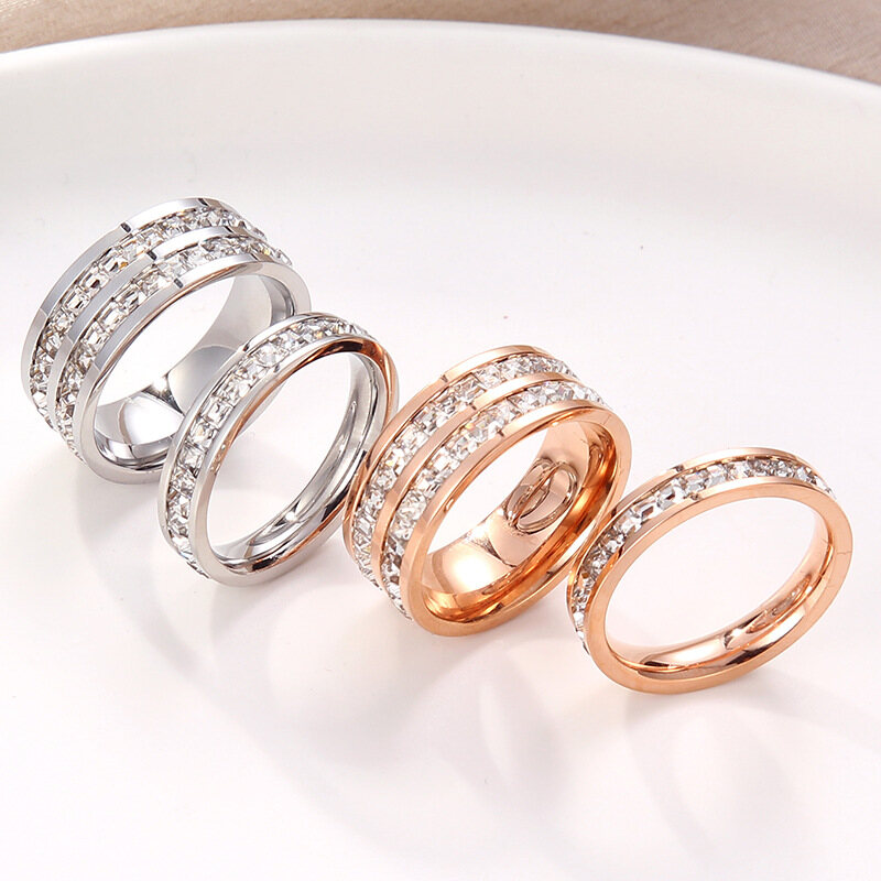 Nhẫn Kim Cương Đơn Và Hai Hàng Đính Kim Cương Thời Trang Hàn Quốc Chất Lượng Cao Phụ Kiện Thép Titan Cho Nữ