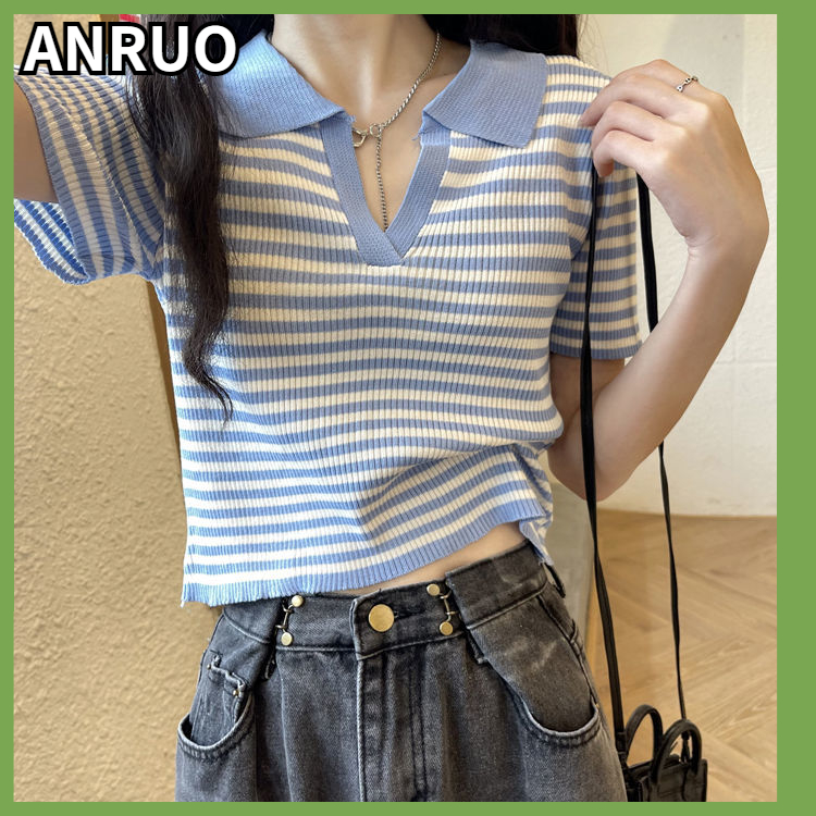 Anruo áo thun dệt kim ngắn tay vai cho nữ áo polo pháp sang trọng mùa hè áo cổ chữ v độc đáo sọc ngắn phần thân mỏng
