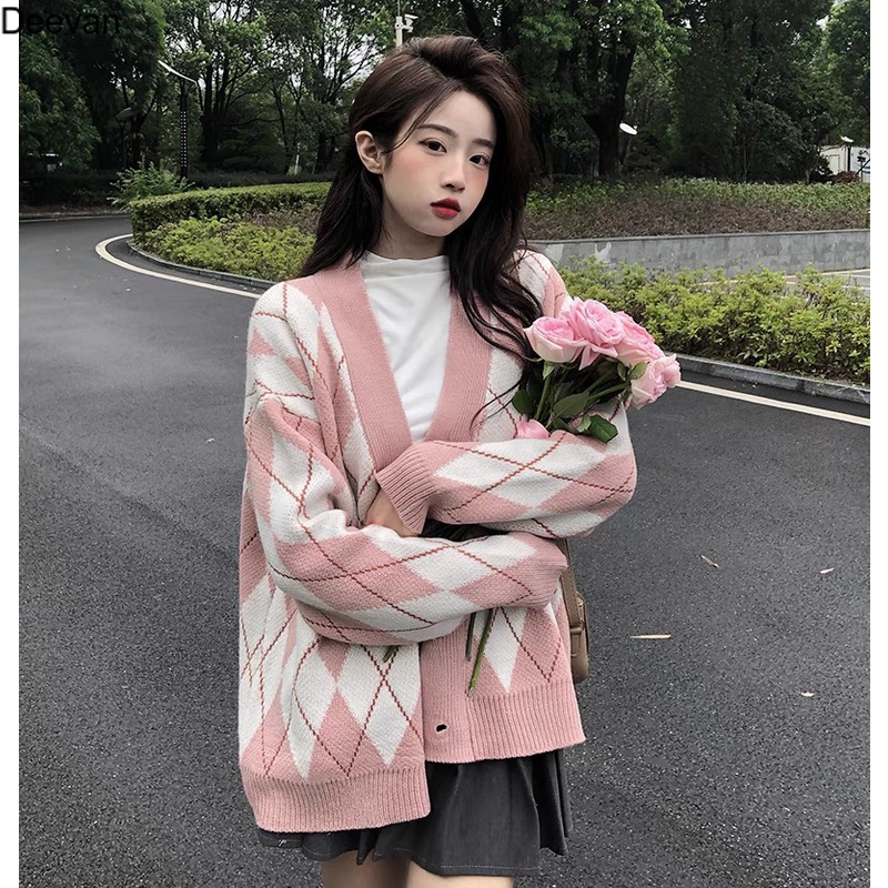 Deevan 1591774321 Áo khoác cardigan lông thỏ dáng rộng hoạ tiết kim cương áo khoác len phong cách Hàn Quốc
