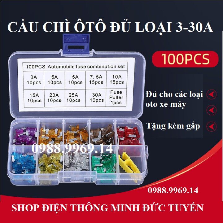 Cầu chì oto xe máy hộp 100c đủ loại 3-30A tặng gắp nhựa