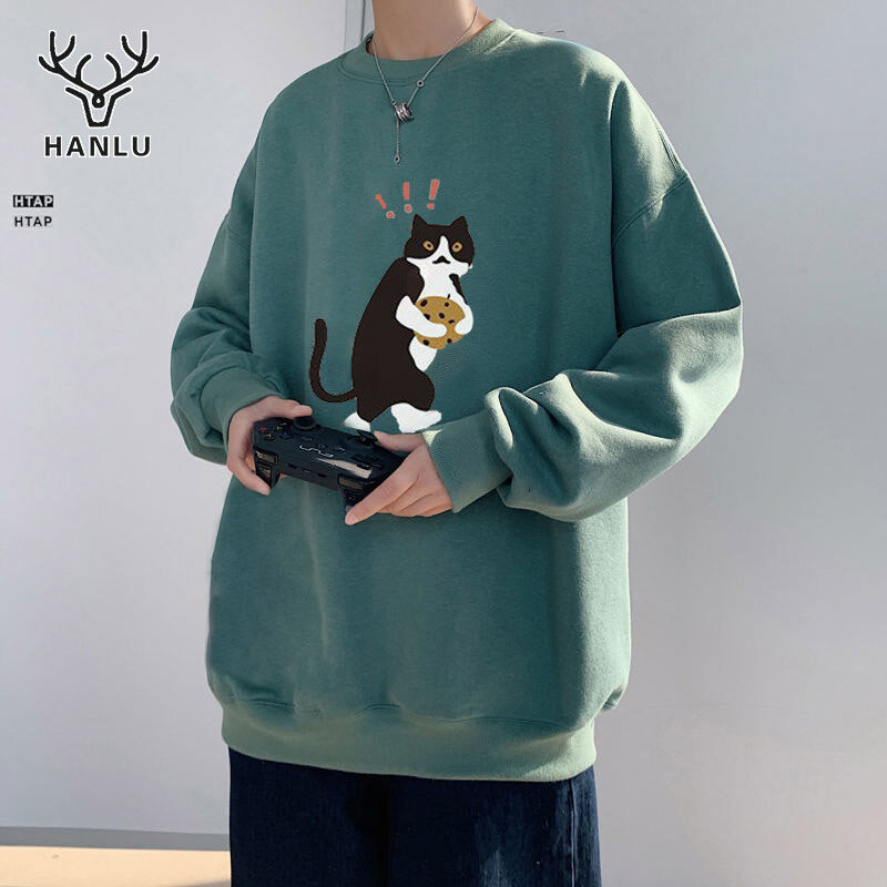 Hanlu áo nỉ chui đầu cổ tròn cho nam in hình mèo con dáng rộng nhiều màu thường ngày vui tươi áo đôi