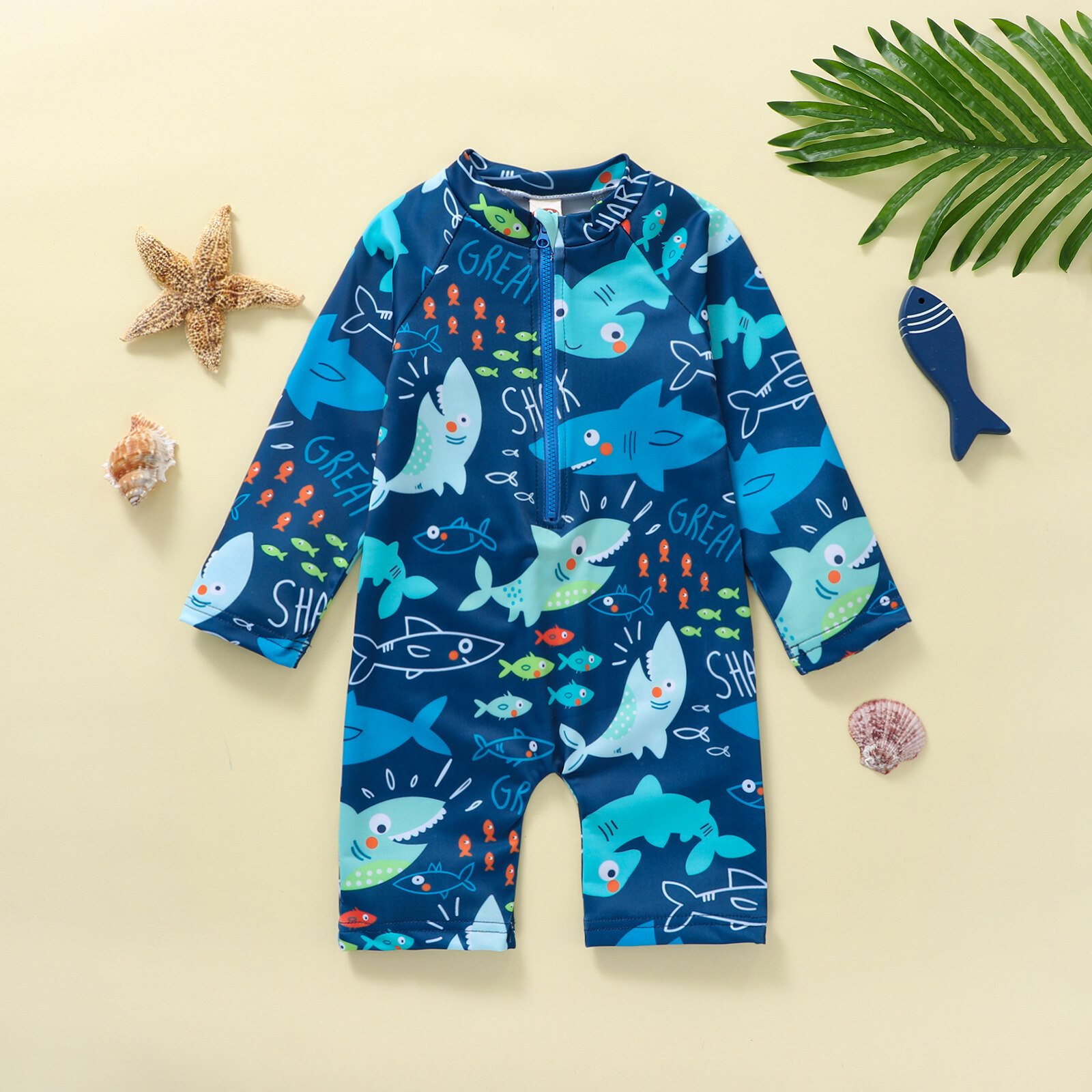 nikit New 3 Style Baby Boy Swimsuit Tree/Shark Print Long Sleeve Round Neck Half Zipper Jumpsuit Bathing Suit