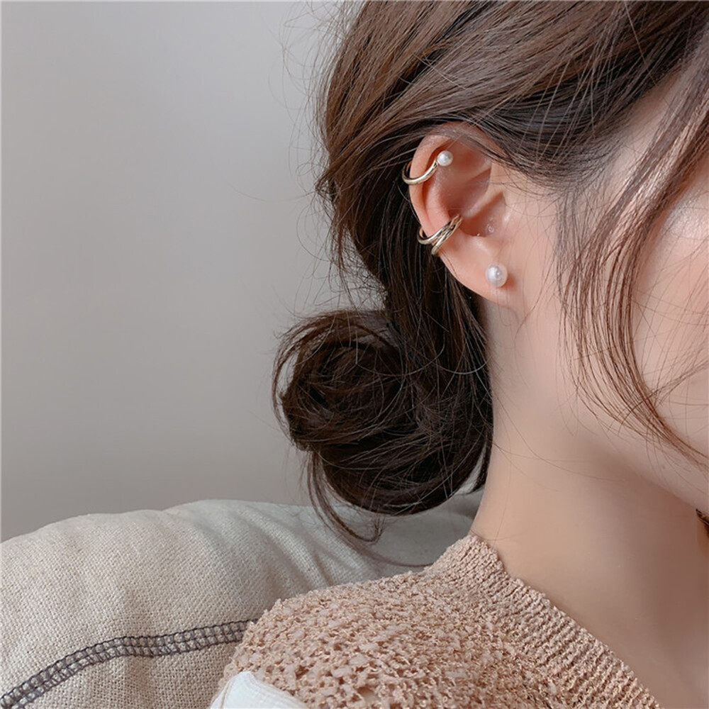 Sanhe Bộ 3 Bông Tai Kẹp Ngọc Trai Xỏ Lỗ Tai Kẹp Xương Tai Đơn Giản Rỗng Hoa Tai Cá Tính Hoài Cổ Cho Nữ