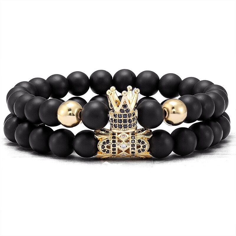 【SALE】 Bộ Vòng Tay Vương Miện Đá Mờ Màu Đen Tự Nhiên Vòng Tay Đầu Lâu Đính Cườm Cho Nam Nữ Trang Sức Pulseras Phụ Kiện Bileklik Bijoux