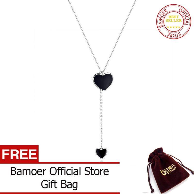 Bamoer Vòng Cổ Trái Tim Đôi Cho Nữ Vòng Cổ Dây Xích Hình Chữ Y Tráng Men Màu Đen Đơn Giản Trang Sức Bạc Ý 925 Cho Nữ BSN095