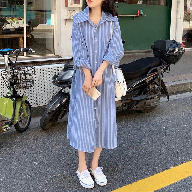 O34603 # đầm bầu dài tay hợp thời trang đầm bầu dáng rộng thanh lịch kẻ sọc ôm sát hàng mới về
