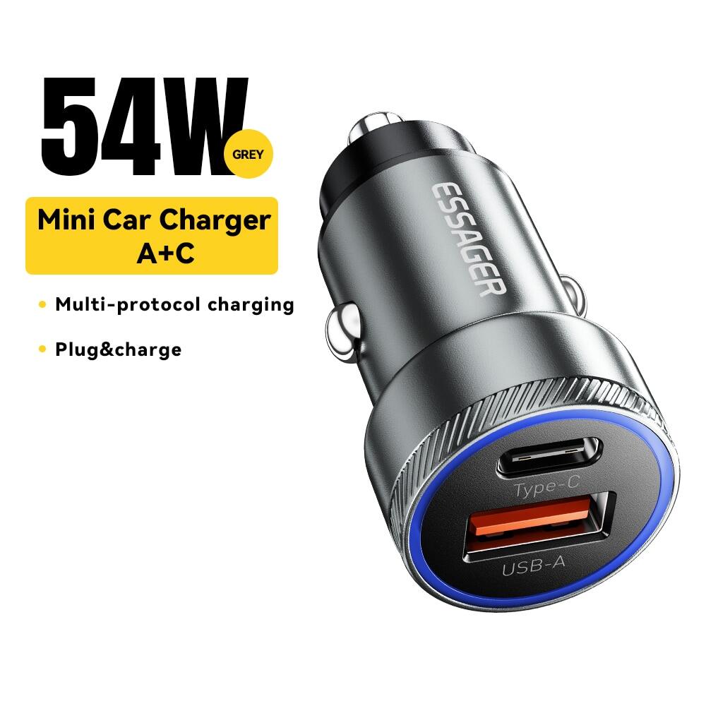 Essager 54W sạc USB trên ôtô mini 5A sạc nhanh QC3.0 PD SCP AFC 30W Loại USB C sạc điện thoại iPhone