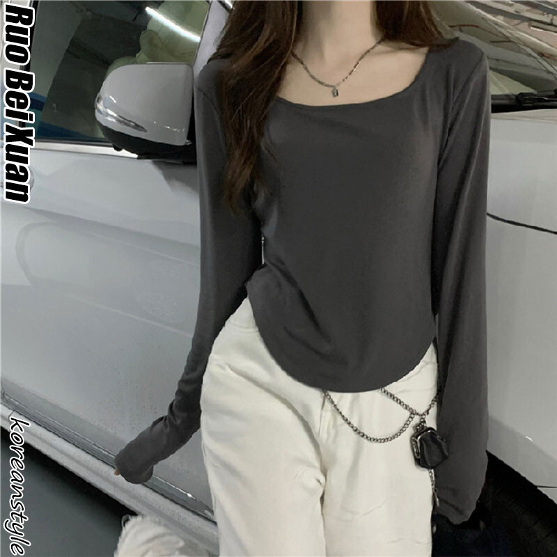 Ruo Bei Xuan Long Sleeve T-shirt for women Long-sleeved bottoming shirt autumn and winter new irregular self-cultivation student casual short top ราคา 73 บาท*ส่งฟรี