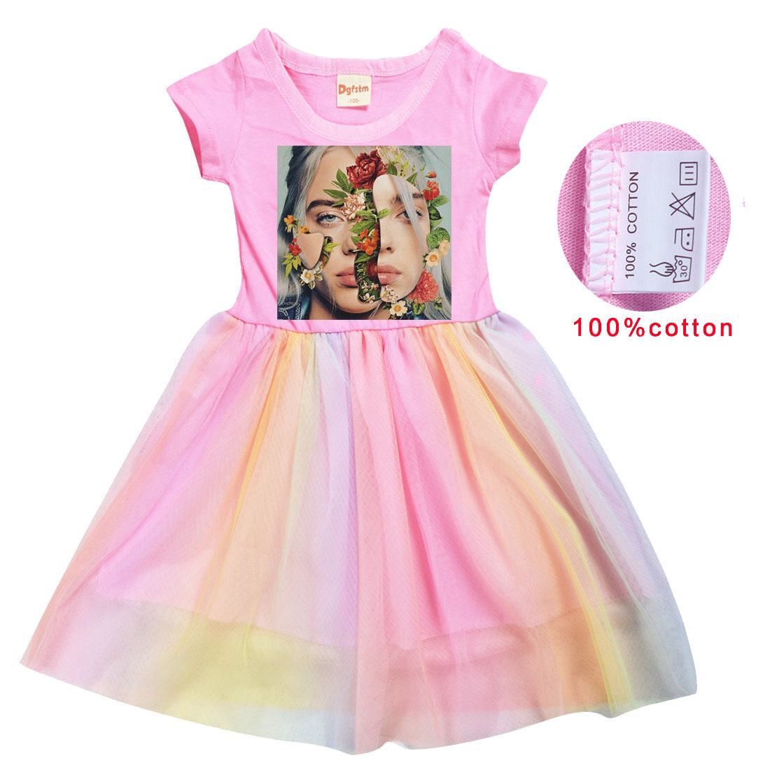 Billie Eilish Girls Rainbow Gauze Dress Girl Baby Casual Short Sleeve Mesh Dress 8268 Summer Color Print Princess Dress Cotton