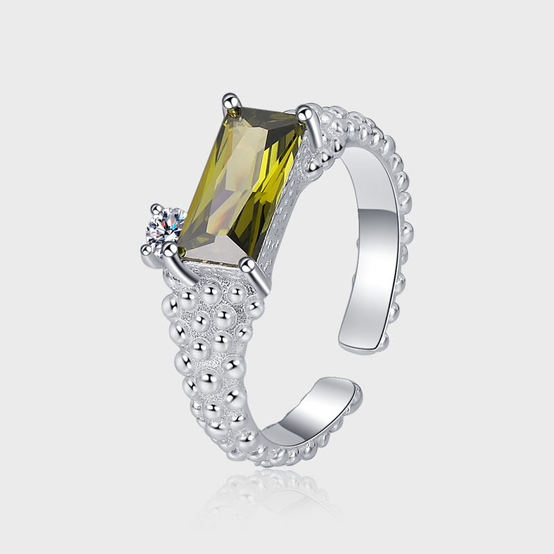 Chỉ số zirconi vuông vòng tròn bạc khảm màu xanh ô liu kết cấu sterling nhẫn đeo ngón tay s925