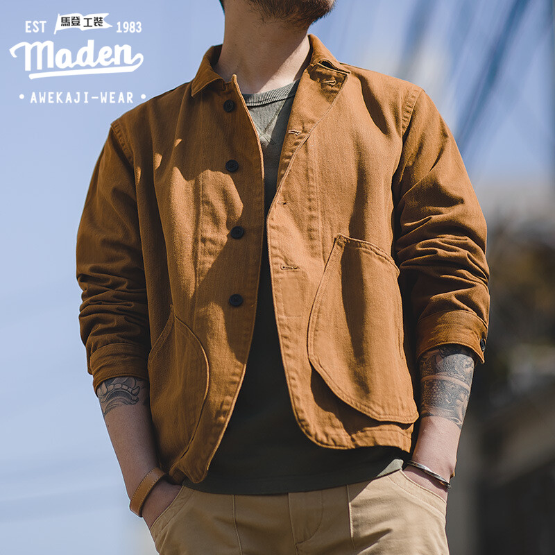 Maden Thương Hiệu Dụng Cụ Phong Cách 2024 Mùa Xuân Mới Quý Ông phần thân mỏng nam thanh niên Pháp Retro màu vàng gừng Đa Túi Dụng Cụ Áo Khoác Ami Kaki Áo Sơ Mi Giản Dị Áo Khoác