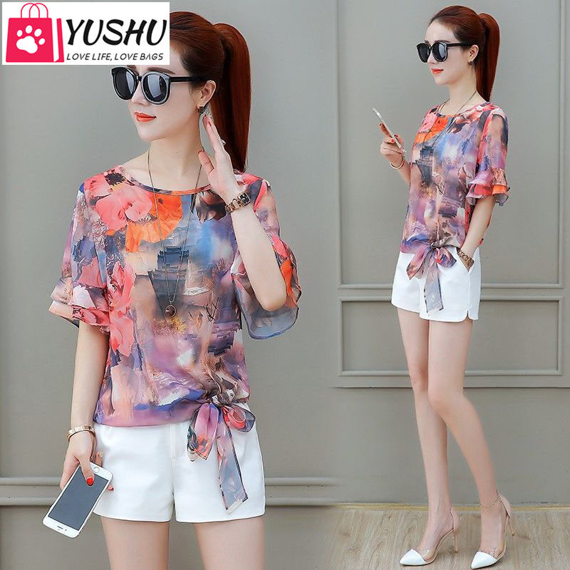 Yushu New Womens Tops Summer Blouse Women Chiffon Women's Print Shirt Loose Blouses Women Plus Size Feamle Blusas