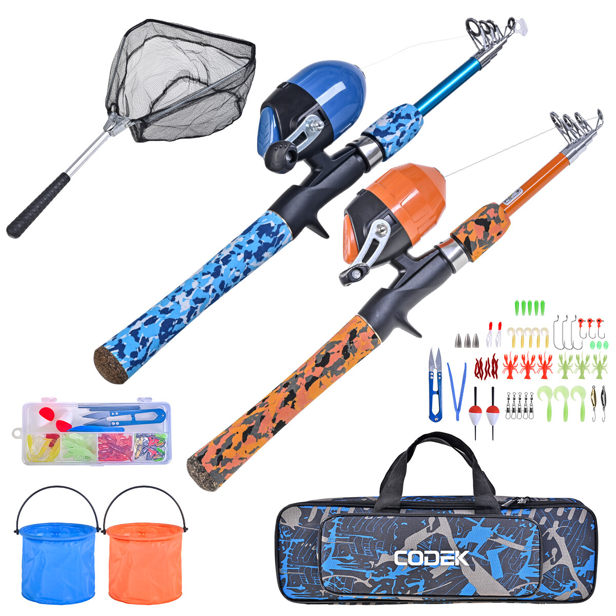 CODEK Kids Fishing Pole Set with Full Starter Kits 2 Set Portable  Telescopic Fishing Rod and Spincast Reel Cambos with a Fishing Net and 2  Buckets for