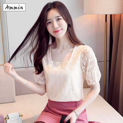 AMMIN Áo Ren Nữ Tay Ngắn Mới Áo Voan Thêu Tay Ngắn Cổ Vuông Áo Cánh