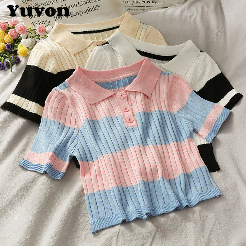 Áo Kiểu Polo Yuvon Cho Nữ, Áo Phông Ngắn Tay Phối Màu, Kẻ Sọc Dọc